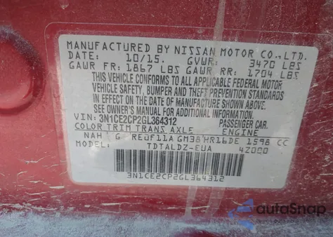 2016 Nissan Versa Note S (Sr)/S Plus/Sl/Sr/Sv from USA, damaged, VIN 3N1CE2CP2GL364312